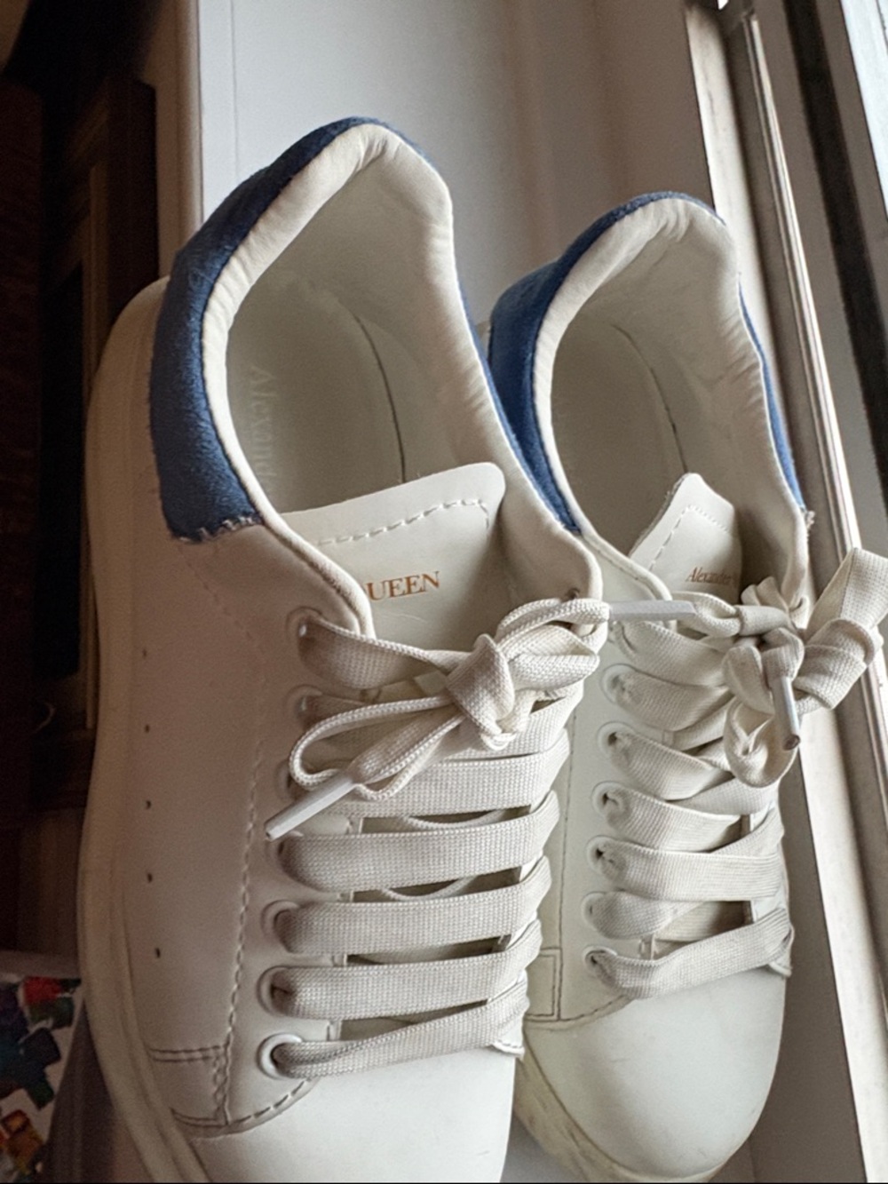 Alexander McQueen White Leather Sneakers with Blue Suede Heel Tabs  - size 38